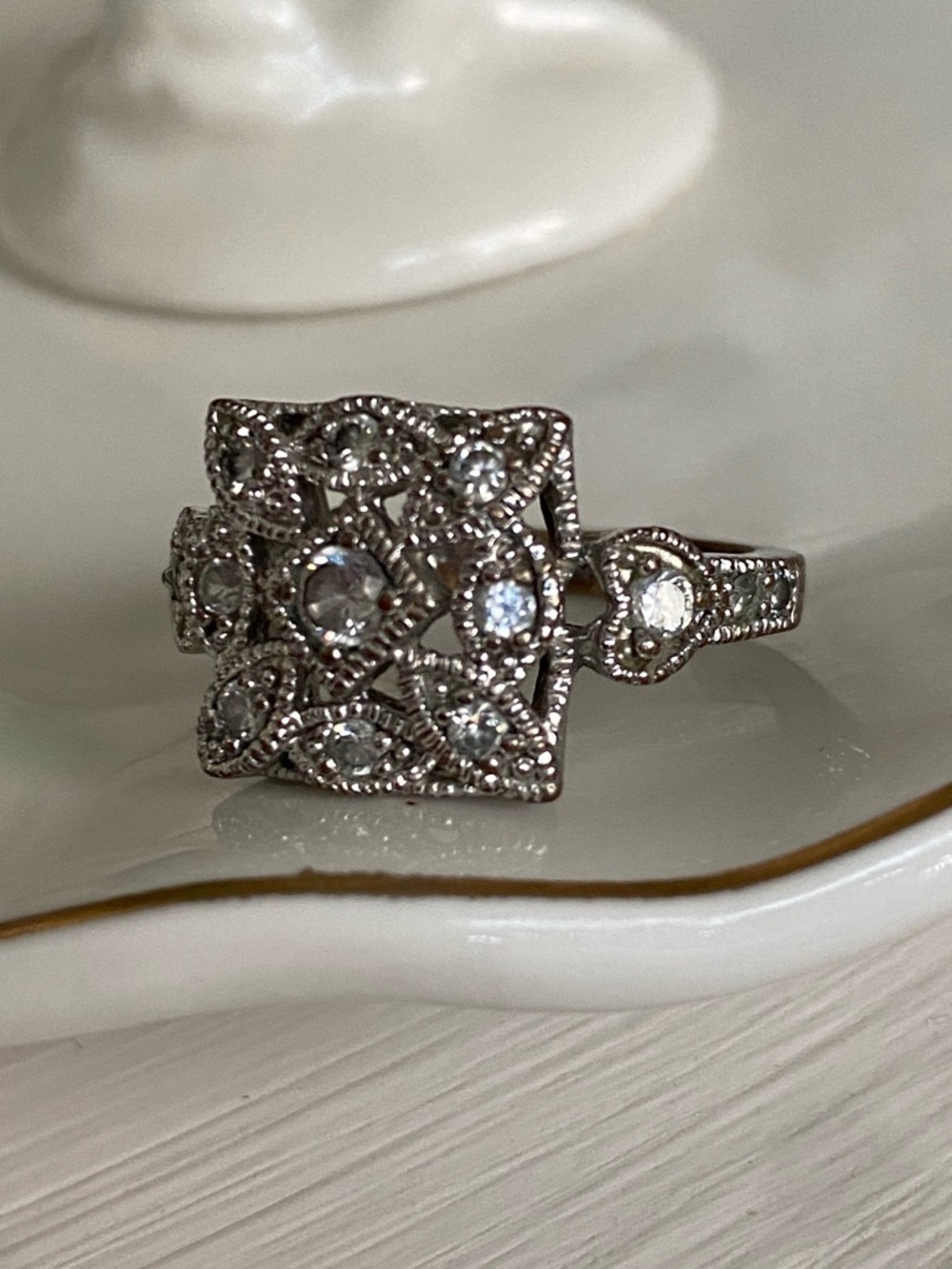 Silver Vintage Style Square Filigree Ring Floral & Crystals Marcasite Accents - Picture 12 of 16